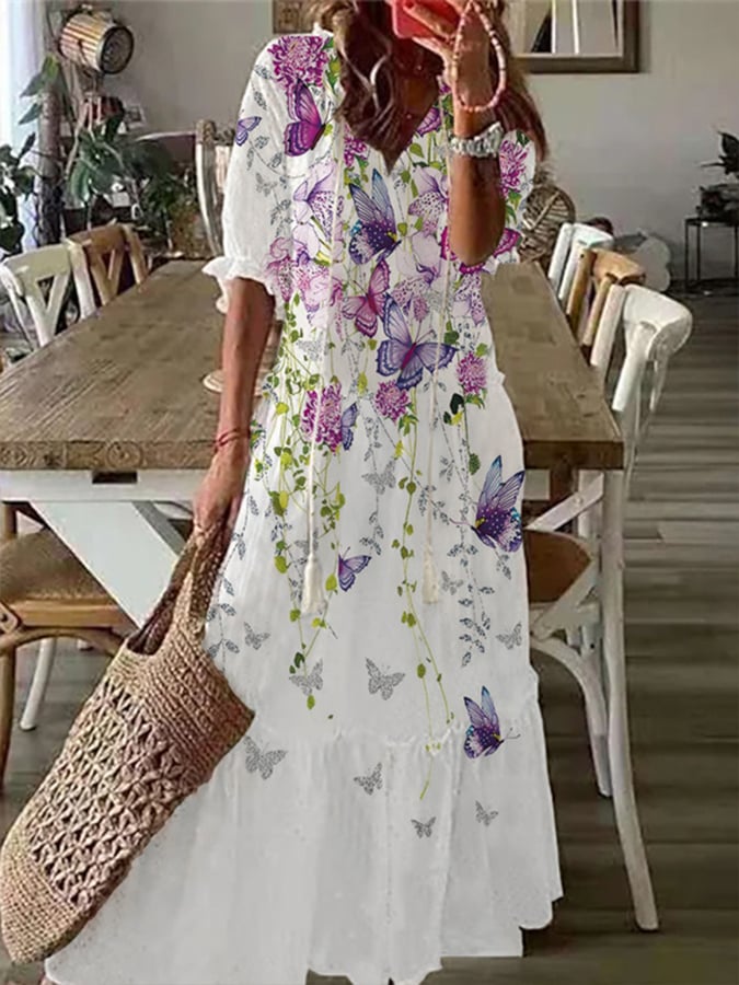 Butterfly Half Sleeve Long Dress