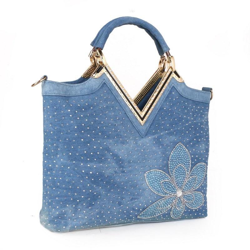 lovevop Fashion Women's V-shaped Diamond Flower Denim Bag