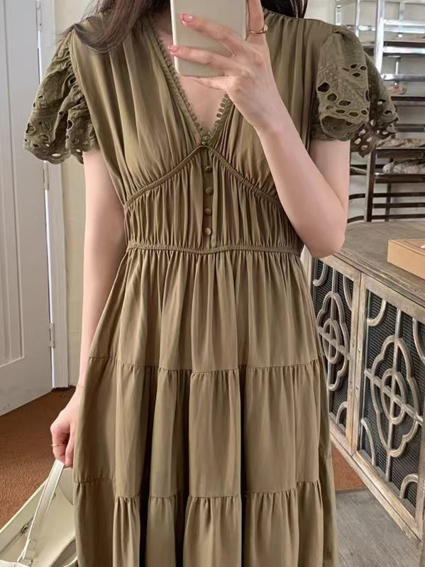 lovevop Elegant Hollow Lace V-Neck Long Dress