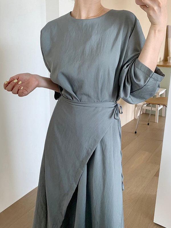 lovevop Original Loose Tied Round-Neck Long Sleeves Midi Dress