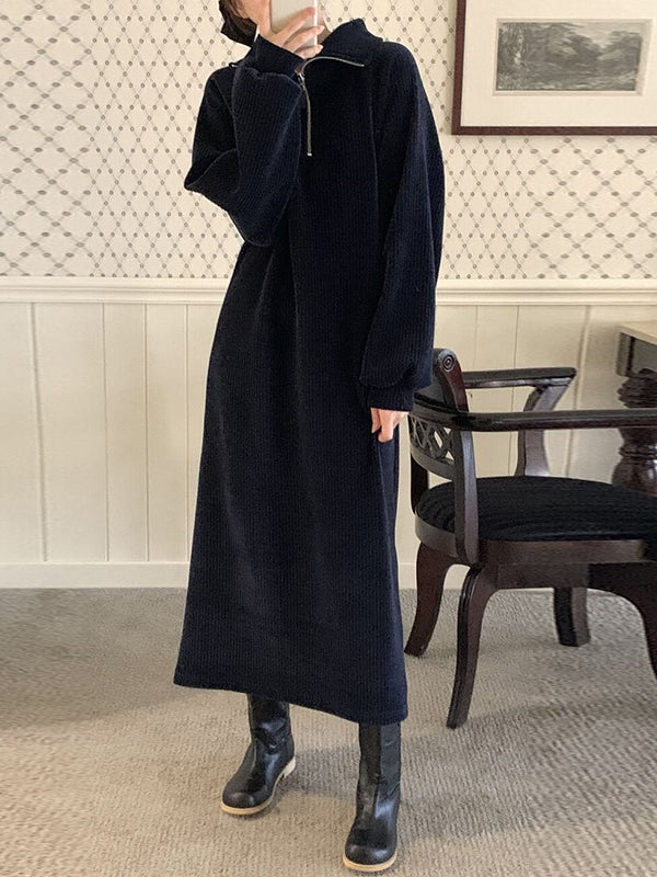 lovevop High Collar Casual Puff Sleeve Knitted Dress