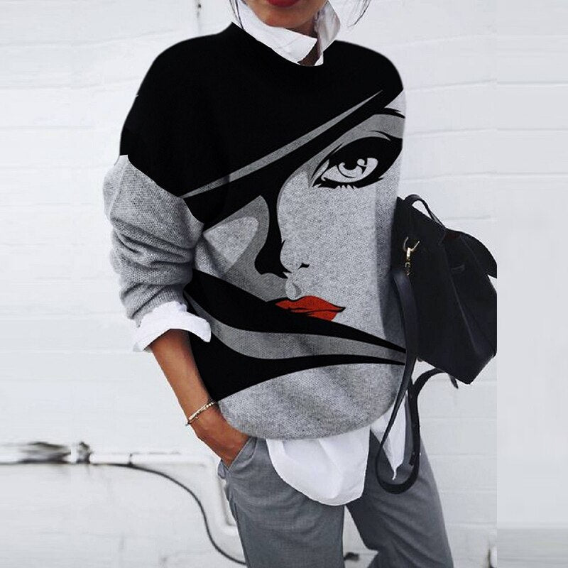 lovevop Fashion Abstract Face Printed Autumn Blouse Casual O Neck Button Shirts Winter New Long Sleeve Harajuku Loose Cardigan Top Blusa