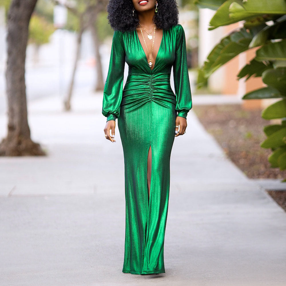 Lovevop Back to school Women's Dress High Waist V-Neck Women's Dress Pleated Solid Color Ruffled Dress For Women