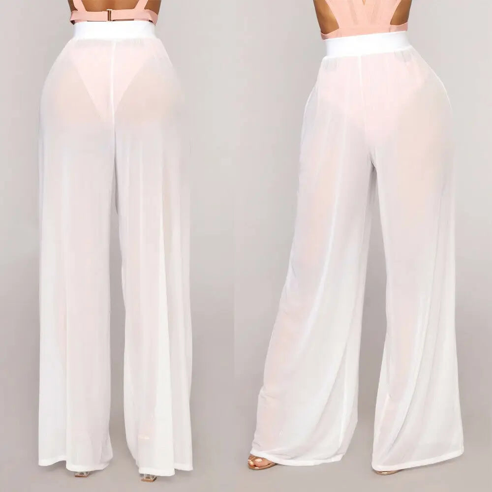 lovevop-Hot Sale Sexy Women Long Mesh Sheer Pants Beachwear See-Through High Wasit Swimsuit Trunks Loose Pant Wide Leg Trousers