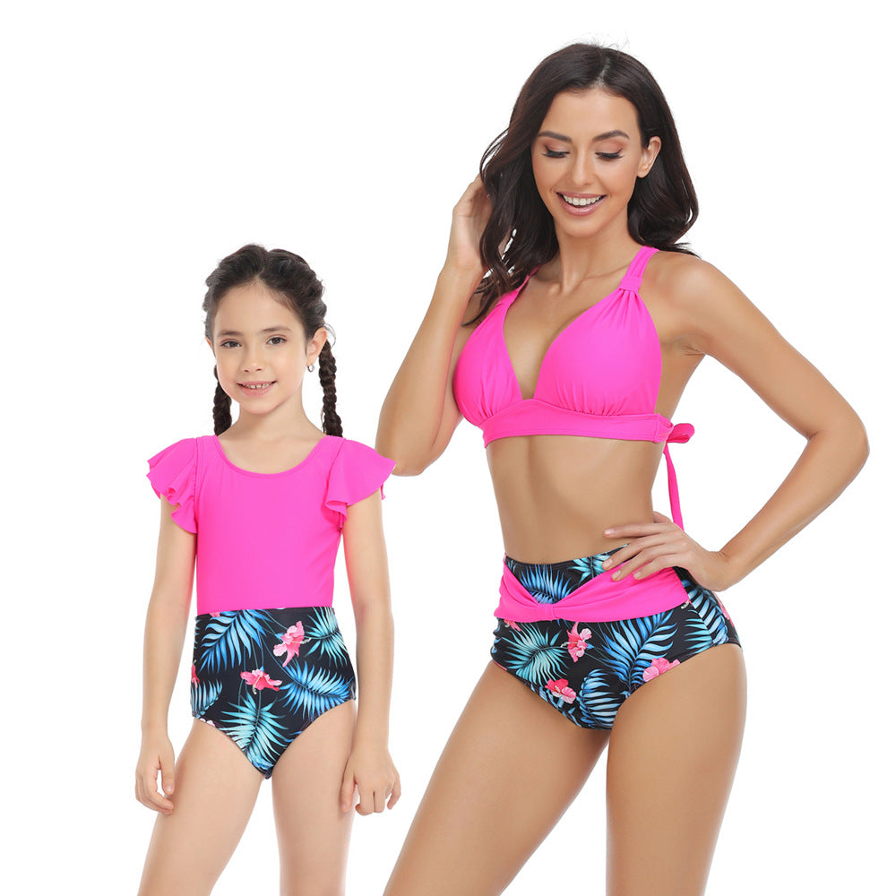 「🌼Summer Flash Sale - 50% Off」 - Solid Top & Floral High Waist Bottom Mommy and Me Swimsuit