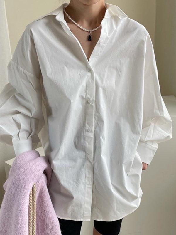 lovevop Casual Lapel Solid Pleated Balloon Sleeve Lace-up White Shirt