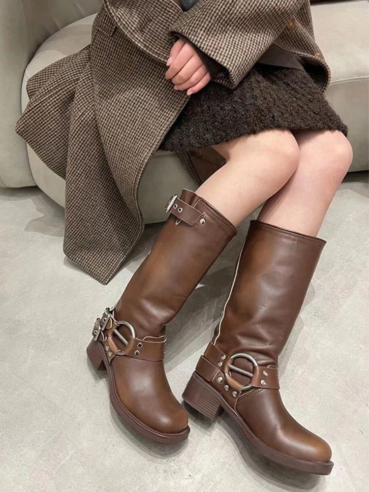 lovevop Retro Studded Knight Chunky Heel Boots