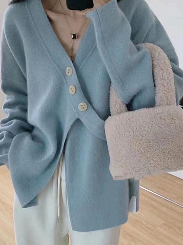 lovevop Cross V-Neck Diagonal Button Loose Knit Cardigan