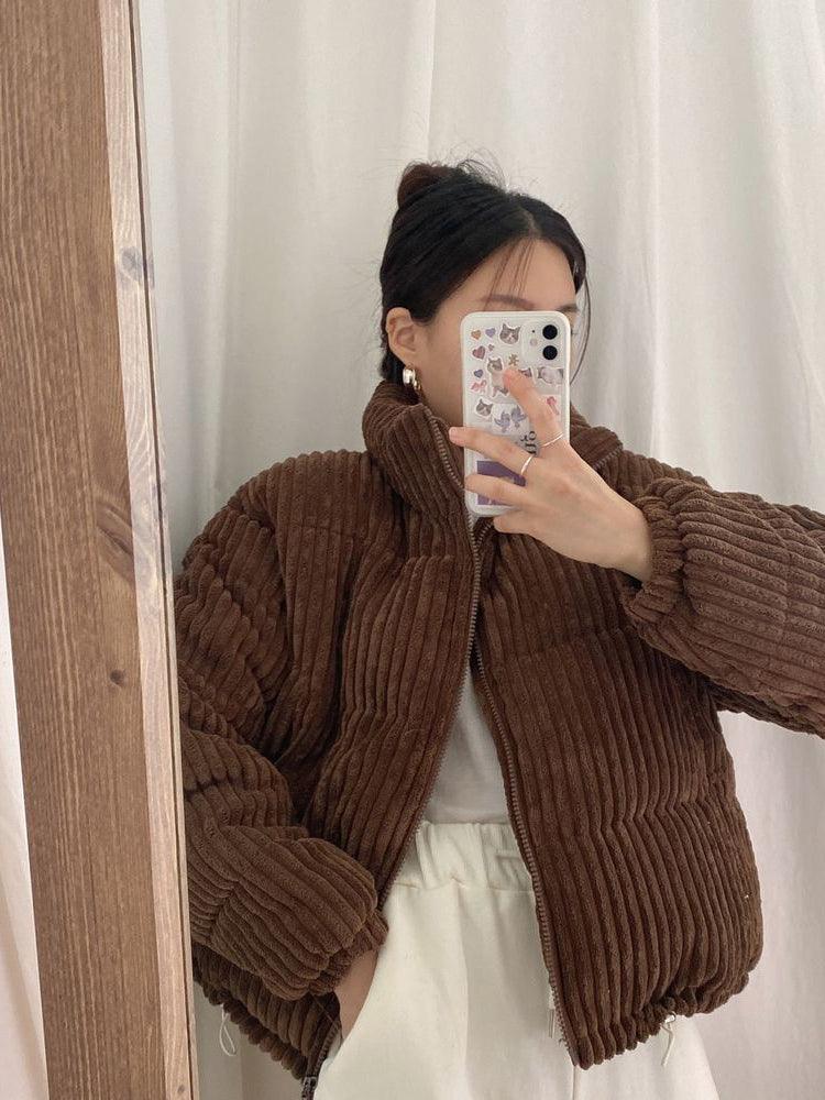 lovevop Stand Neck Loose Corduroy Cotton Padded Jacket