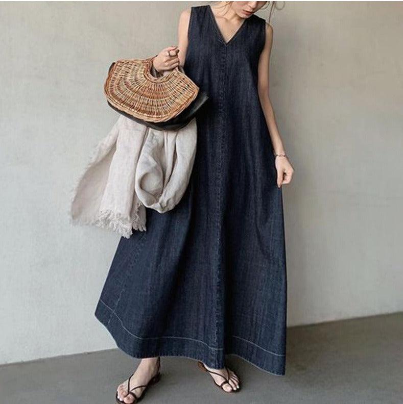 lovevop Literary Denim Tie Back V-Neck Long Dress