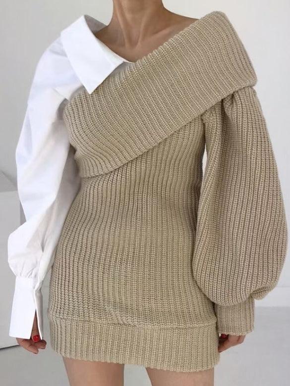 lovevop Off-Shoulder Balloon Sleeve Knit Panel Shirt Dress
