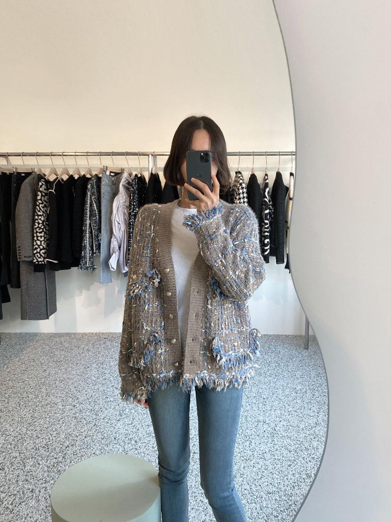 lovevop Vintage V-Neck Fringed Frayed M茅lange Knit Cardigan