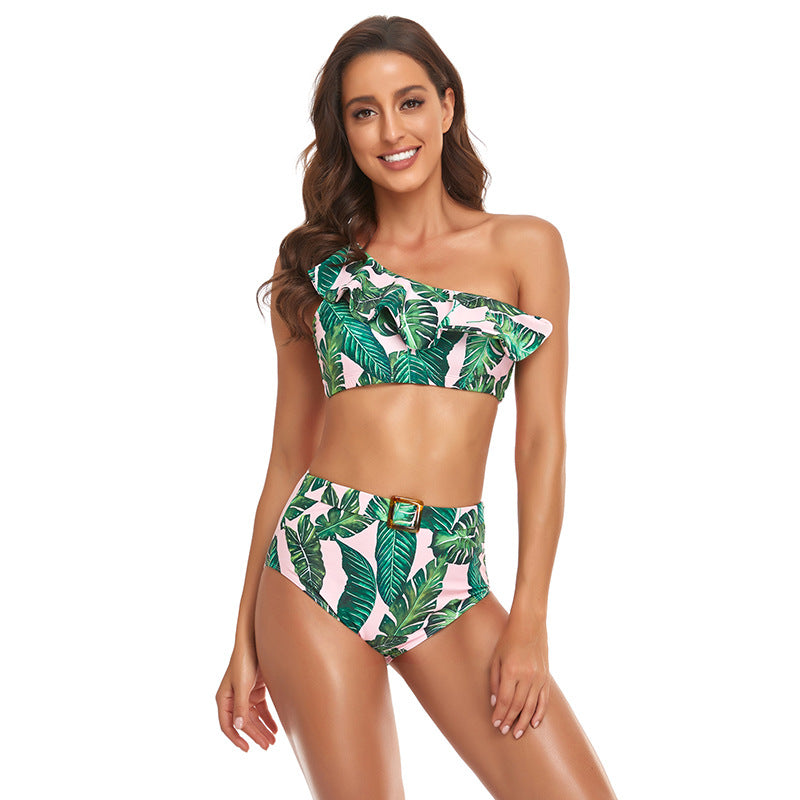 Ruffles Split High Waist Top Tie Bikini Set Swimsuit