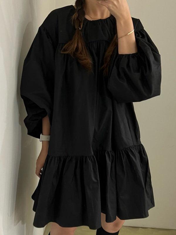 lovevop Simple Crew Neck Pleated Casual Balloon Sleeve Dress