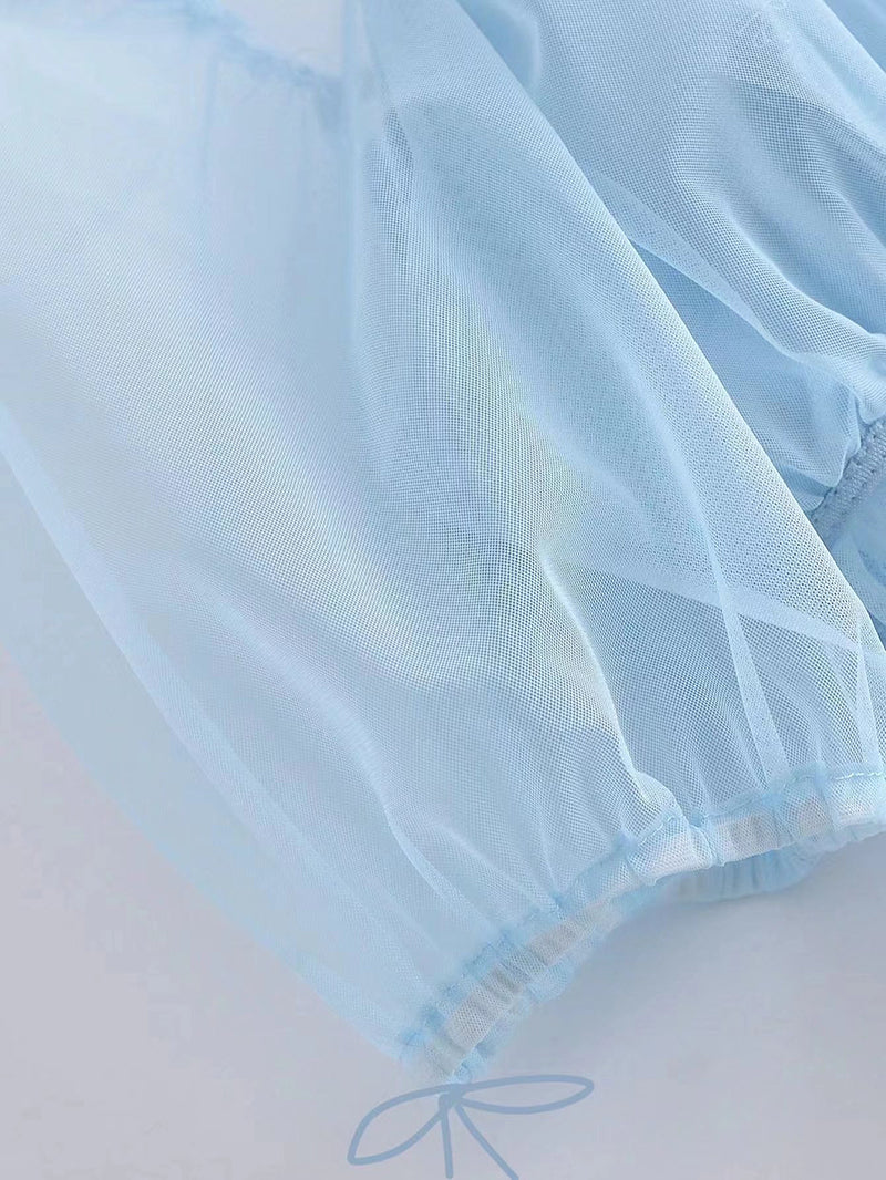 lovevop Summer Women Solid Vintage Puff Sleeve Transparent Mesh Tops V Neck Short Sleeve Shirt Female Crop All-match Slim Blouse