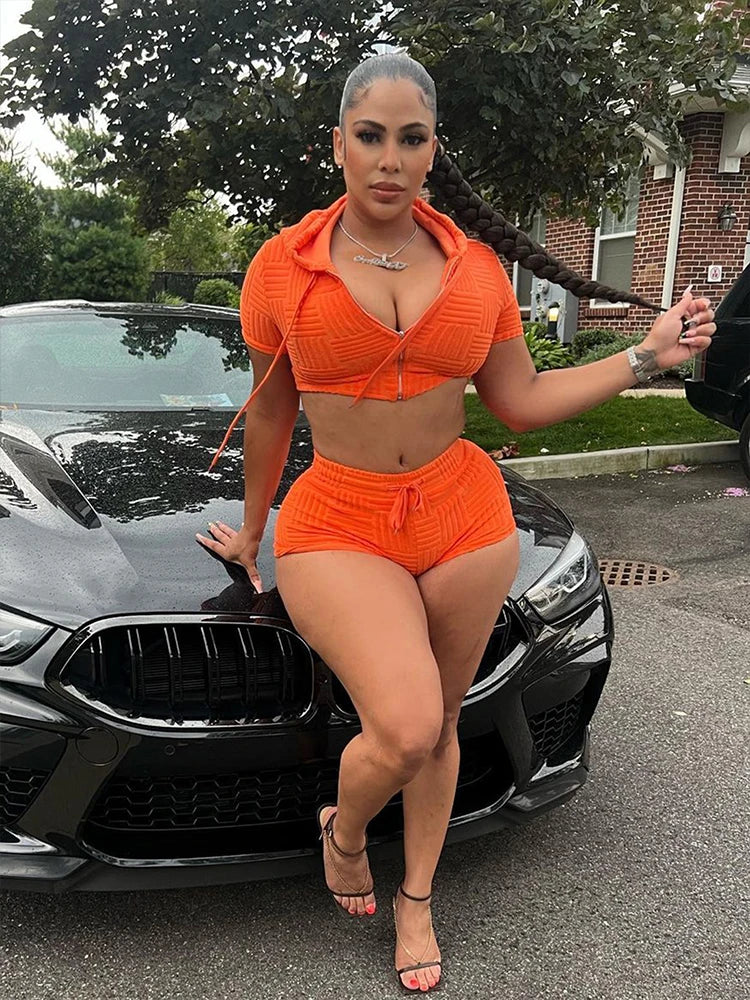 lovevop-Hooded T-shirts 2 Piece Sets Women Summer New Short Sleeve Cotton Tops And High Waist Shorts Suit Zippers Fashion Casual Outfits