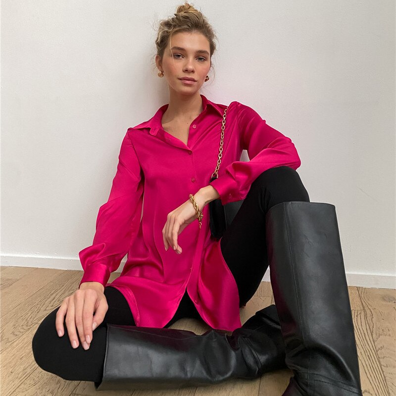 lovevop Lizakosht Satin Shirt Spring and Summer Long Sleeve Temperament Shirt Lapel Woman Button Up Shirt Long Sleeve Blouse Shirts Women Shirts