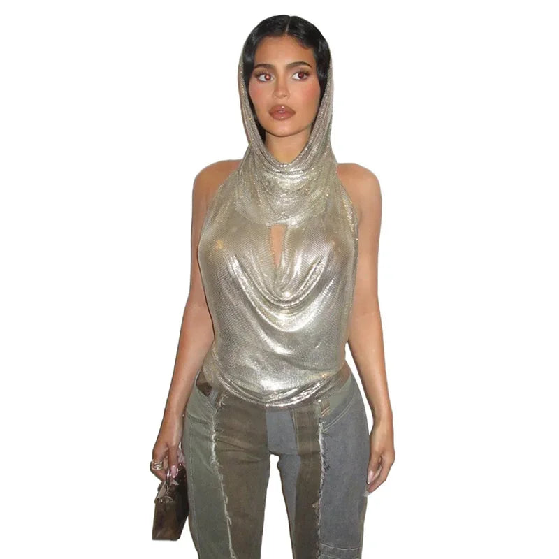 lovevop-Sexy with Hat Pile Collar Backless Silvery T Shirt Women Sleeveless Bottoming Shirt Ladies Tee Shirt Tops Camisetas Mujer