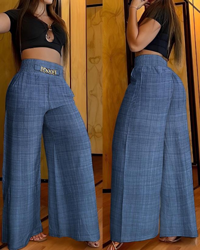 lovevop Women's Pants Spring Fashion Chain Decor High Waist Casual Plain Pocket Design Daily Wide Leg Long Pants Y2K Streetwear