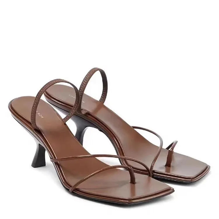 lovevop- New Genuine Leather Retro Square Toe Pinch Sandals Fashion High Heel Slippers Women Women's sandals