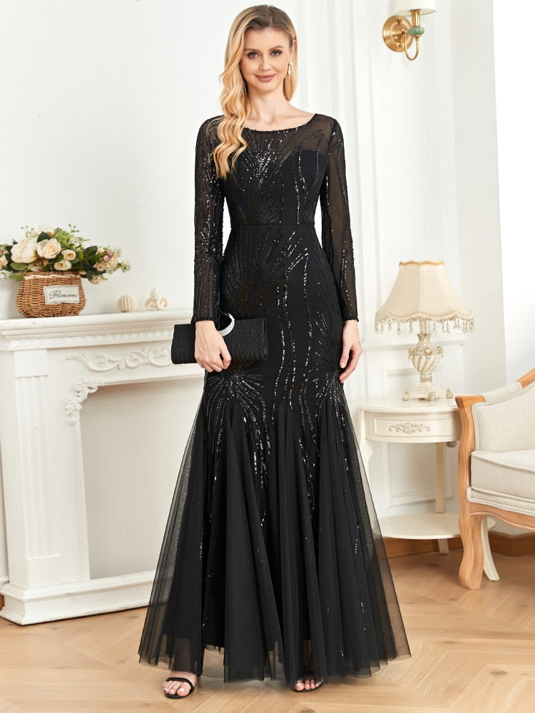 Lovevop Elegant Long Sleeves Sequin Tulle Evening Dresses Long 2024 Women Mermaid Formal Bridesmaid Party Maxi Prom Dress