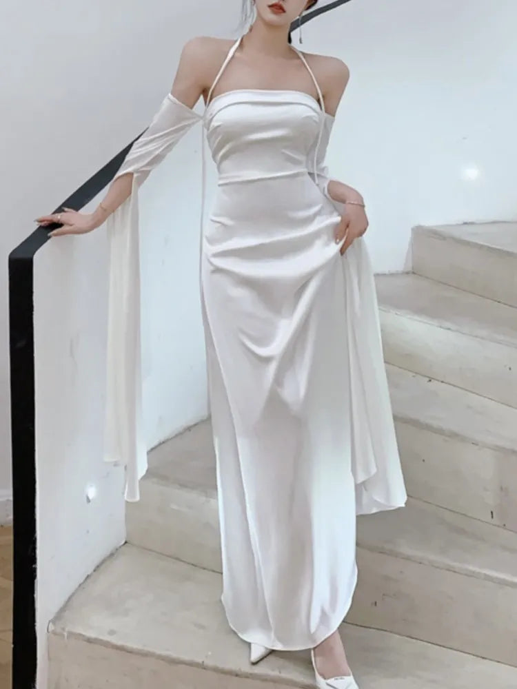 Lovevop Fashion Women Casual Elegant Party White Dress Halter Vintage A-Line Prom Wedding Robe Female Outerwear Vestidos Clothes New