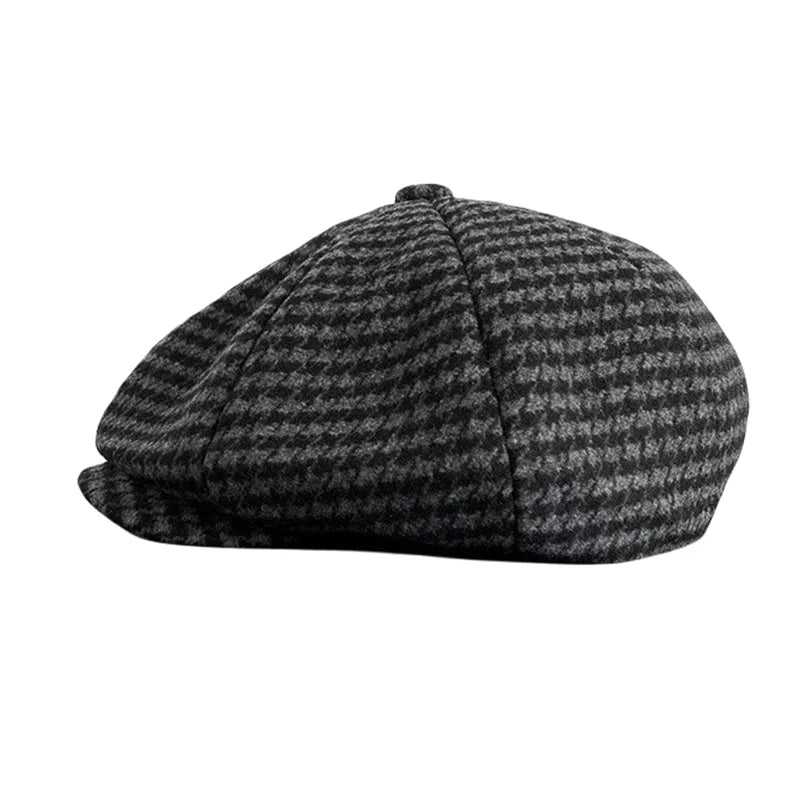 lovevop-Retro Plaid Newsboy Hat Men Beret Black Beret Hats Peaked Octagonal with Brim Caps Winter Spring Beret NC16
