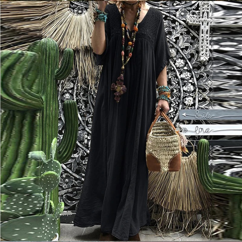 lovevop-Sexy V-neck Hollow Lace Long Party Dress Women Spring Casual High Waist Loose Boho Dress Summer Short Sleeve Female Maxi Dresses