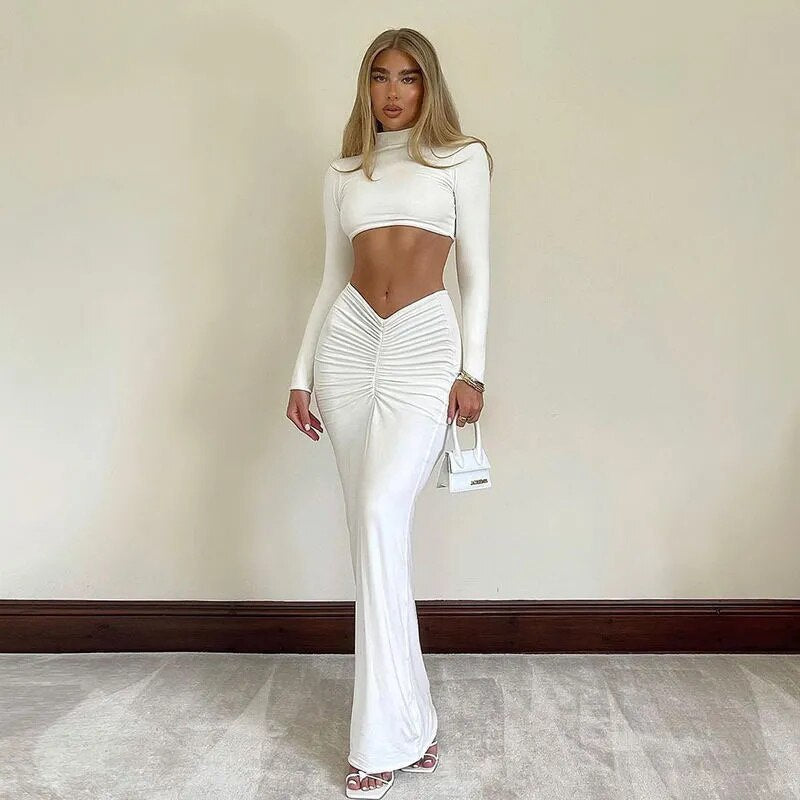 Lovevop Two Peice dress sets Women High Neck Long Sleeve Crop Top+Elastic Pleated Waist Long Mermaid Bodycon Long Skirts Clubwear