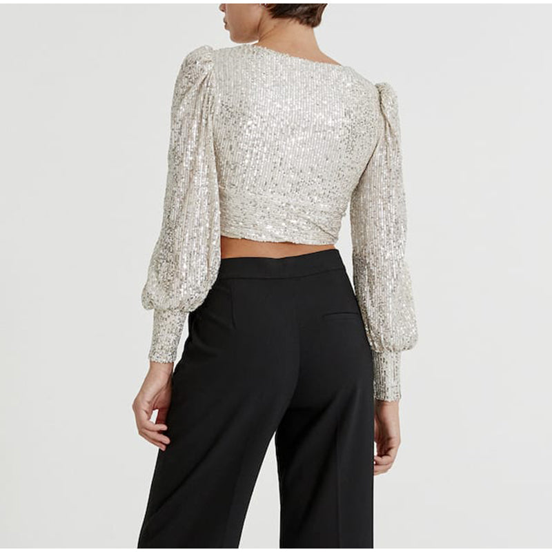 lovevop Lizakosht Women's Silver Sequins Blouse Female Fashion Puff Sleeve V Neck Short Pleated Shirt Tops Spring Chic Sexy Street Wear