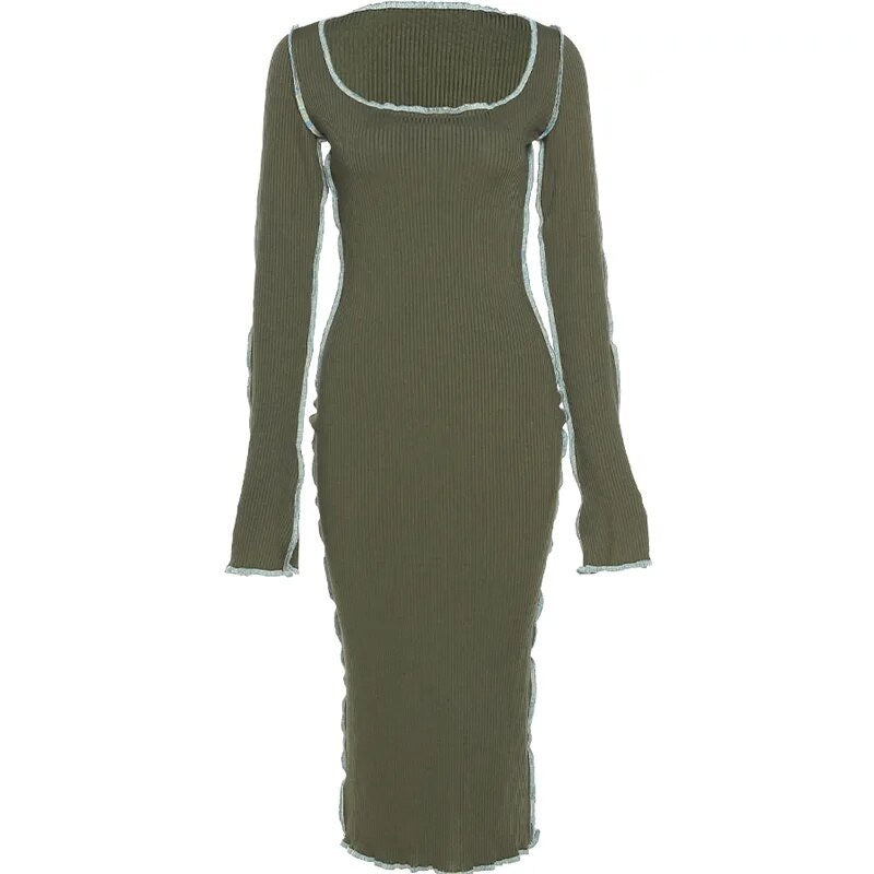 Lovevop Green Bodycon Dress for Women Elegant Chic Patchwork Long Party Dresses Round Neck Hip Wrap Dress with Long Sleeve New