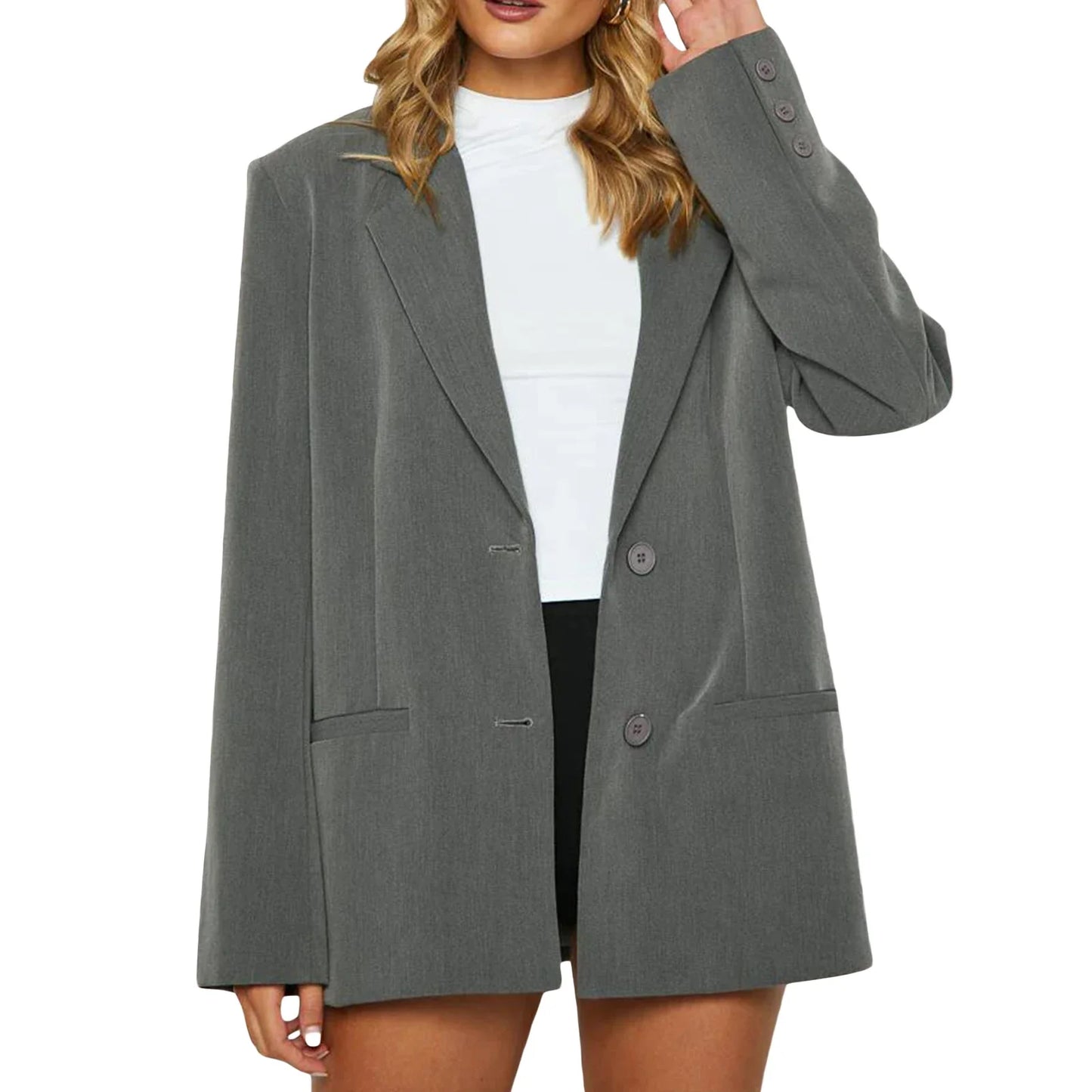 lovevop-Women's Temperament Loose Blazer, Solid Color Long Sleeve Single Breasted Coat Work Office Jacket Clothing
