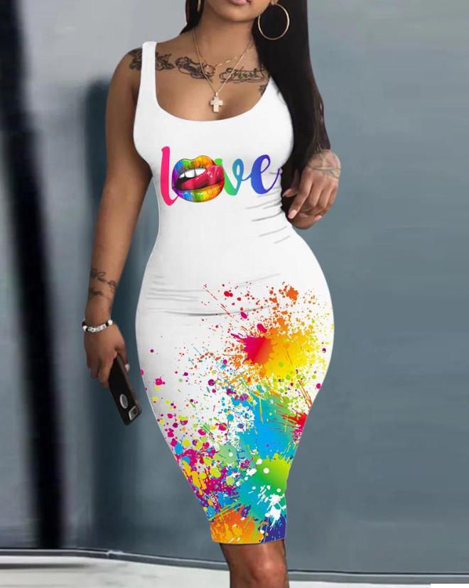 lovevop Summer Dresses for Women Map Print Sleeveless U-Neck Bodycon Mini Daily Dress