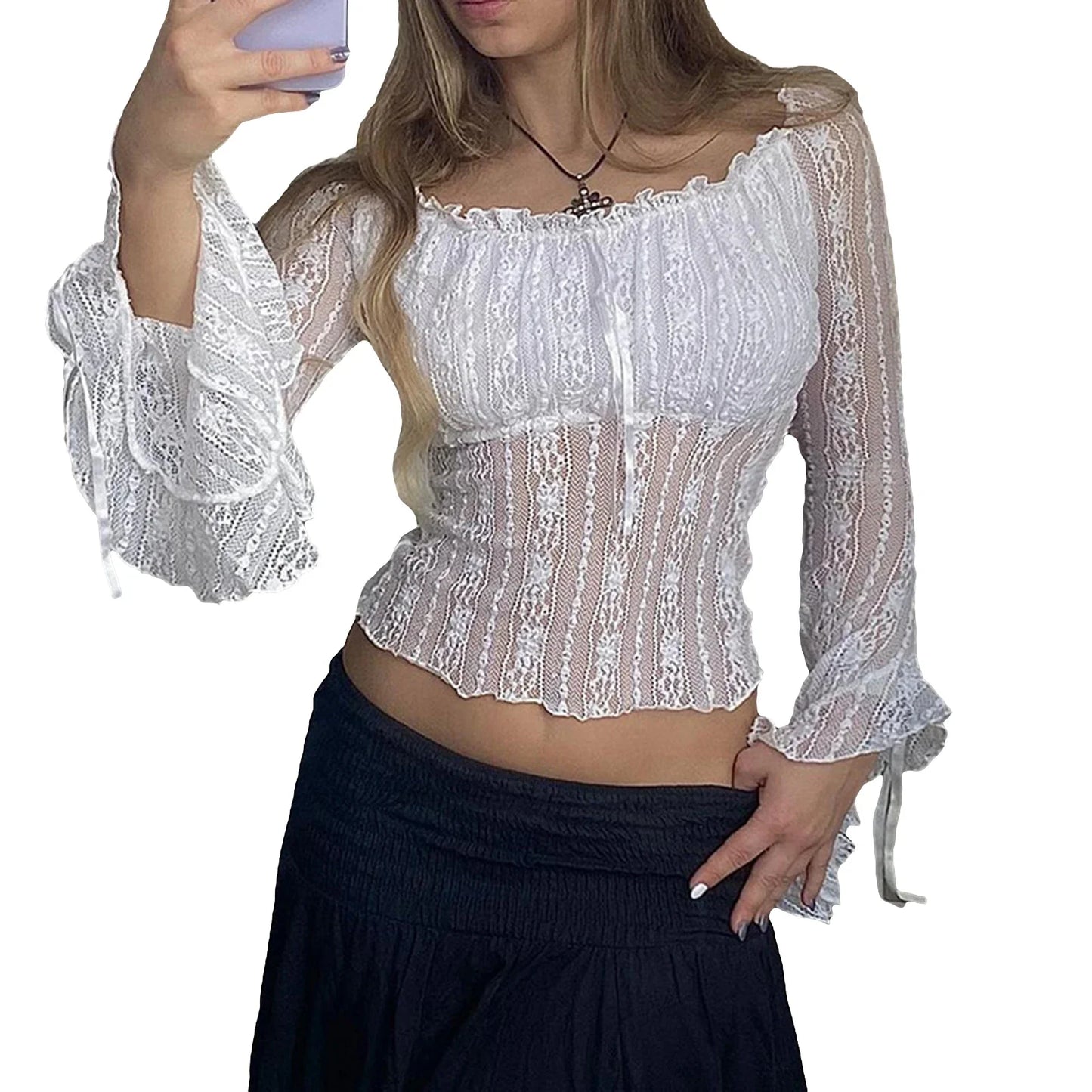 lovevop-Y2k Lace Frill See-through Crop Tops for Women Summer Off Shoulder Long Sleeve Slim Ruched Tee Shirts Blouse Clubwear Streetwear
