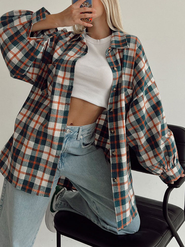 lovevop Lizakosht Women Casual Red Plaid Shirt Loose Lapel Single-breasted Mid-length Blouse Autumn Fashionable Ladies Tops Clothes