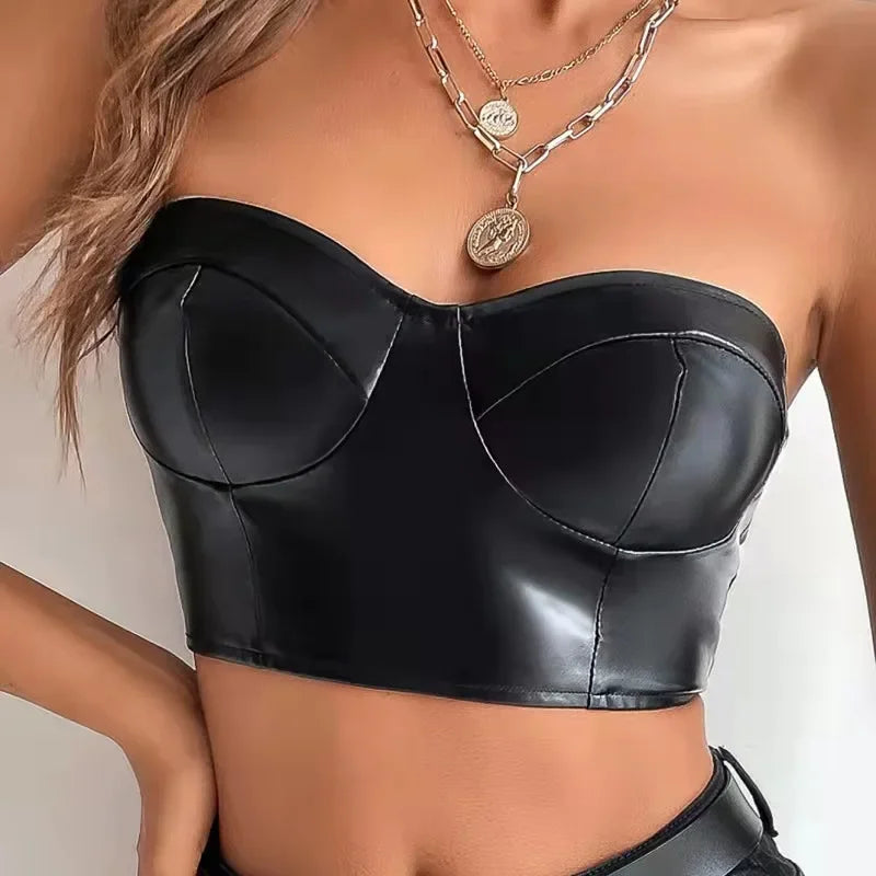 lovevop-Sexy Tank Top Glossy PU Leather Halter Crop Tops Women Wrap Chest Bare Midriff Camisole Sleeveless Tube Top Female Cropped Vest