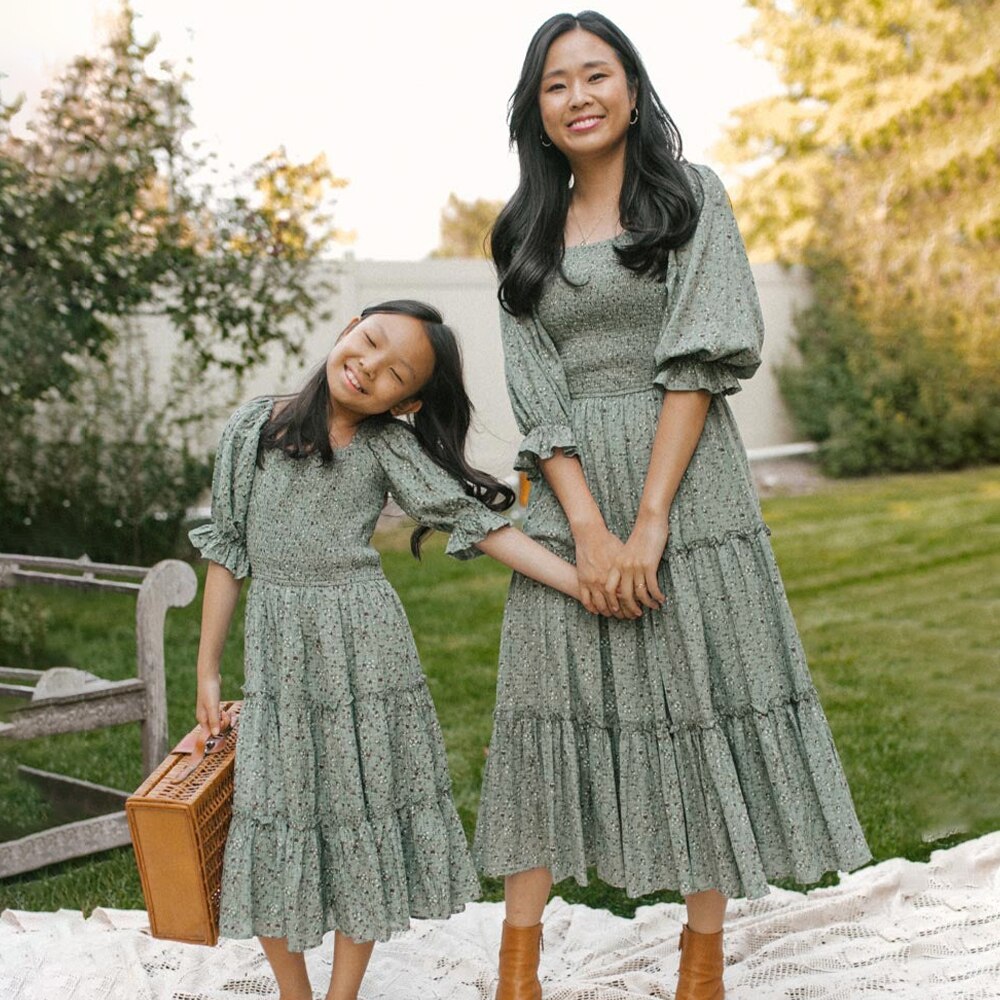 Lovevop Mother and Daughter Clothes Plaid Print Long Skirt Square Neck Balloon Sleeve Ruffled Pleated Dress Mommy and Me Family Look