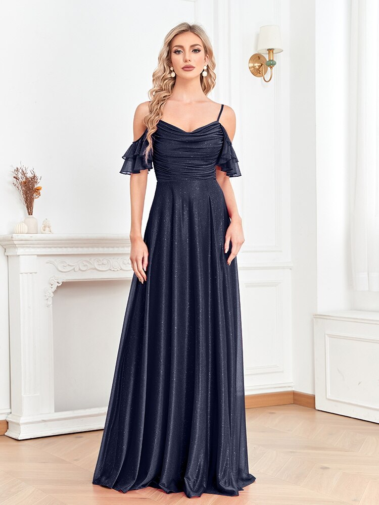 Lovevop Elegant Tulle Blue Formal Evening Dress 2024 Shining A-line Wedding Party Maxi Gown Women Slit Backless Dresses Prom