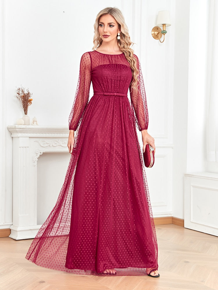 Lovevop Elegant Burgundy Chiffon Long Sleeves Evening Dress 2024 Women Tulle Formal Wedding Party Maxi Dress A-line Prom