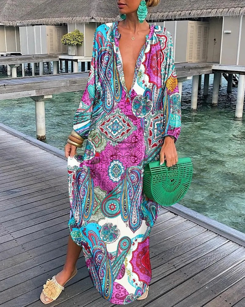 Lovevop Black Friday Sexy Casual Women Loose Long Sleeve Round Maxi Dress Going Out Neck Abstract Print Lantern Sleeve Shirt Dress