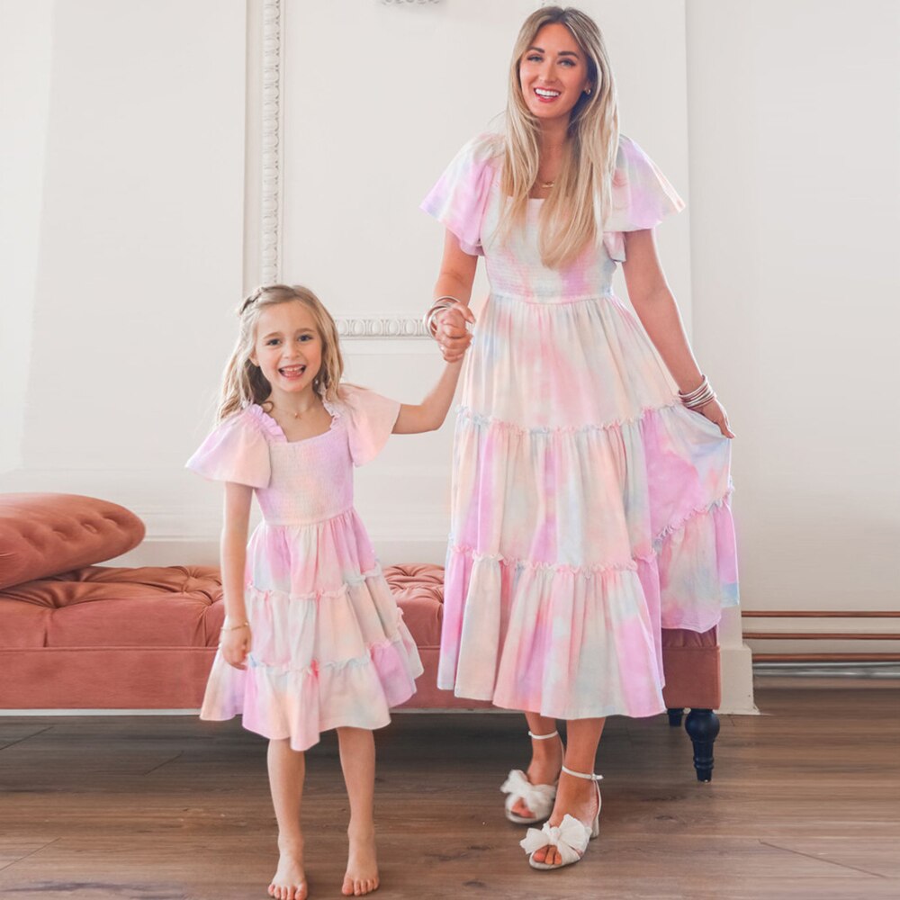 Lovevop Mother and Daughter Clothes Parent-child Long Skirt Pink Tie Dye Matching Family Outfits Big Swing Dress Puff Sleeve Long Dress