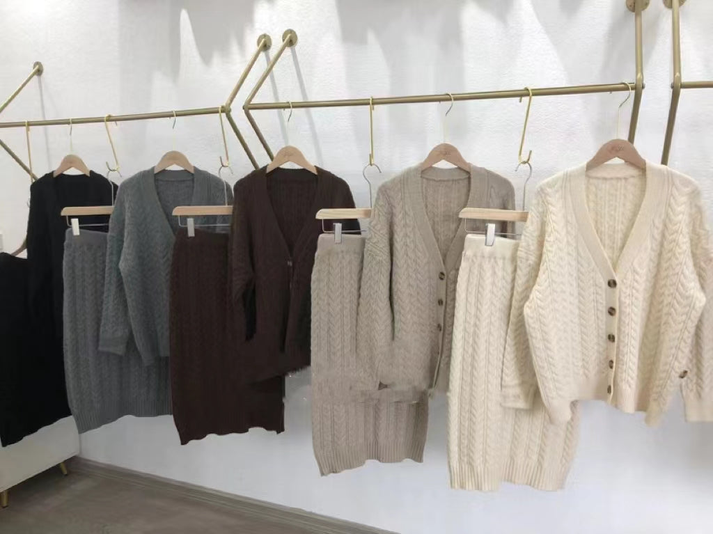 lovevop Casual Knitted Cardigan&Skirt 2 Piece Suit