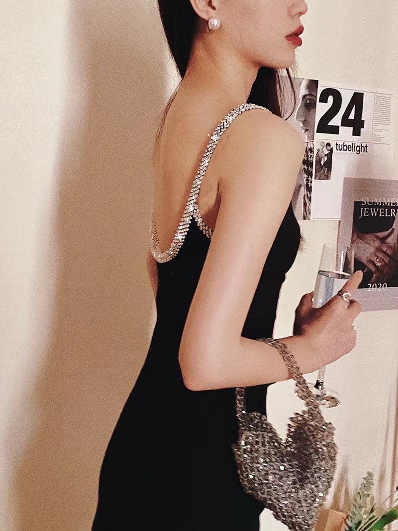 lovevop Black Diamond Glitter Slim Fit Open Back Evening Dress