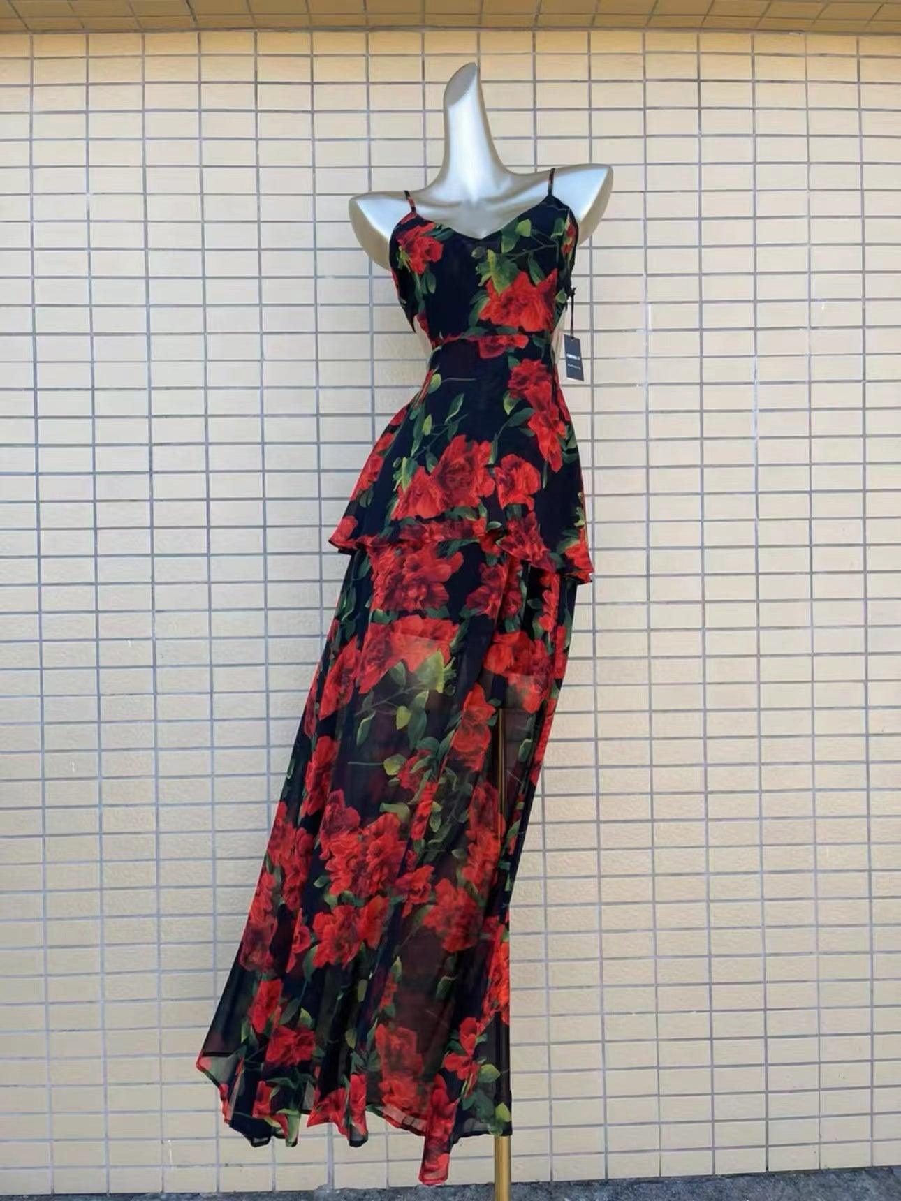 lovevop Red Rose Floral V-Neck Long Dress
