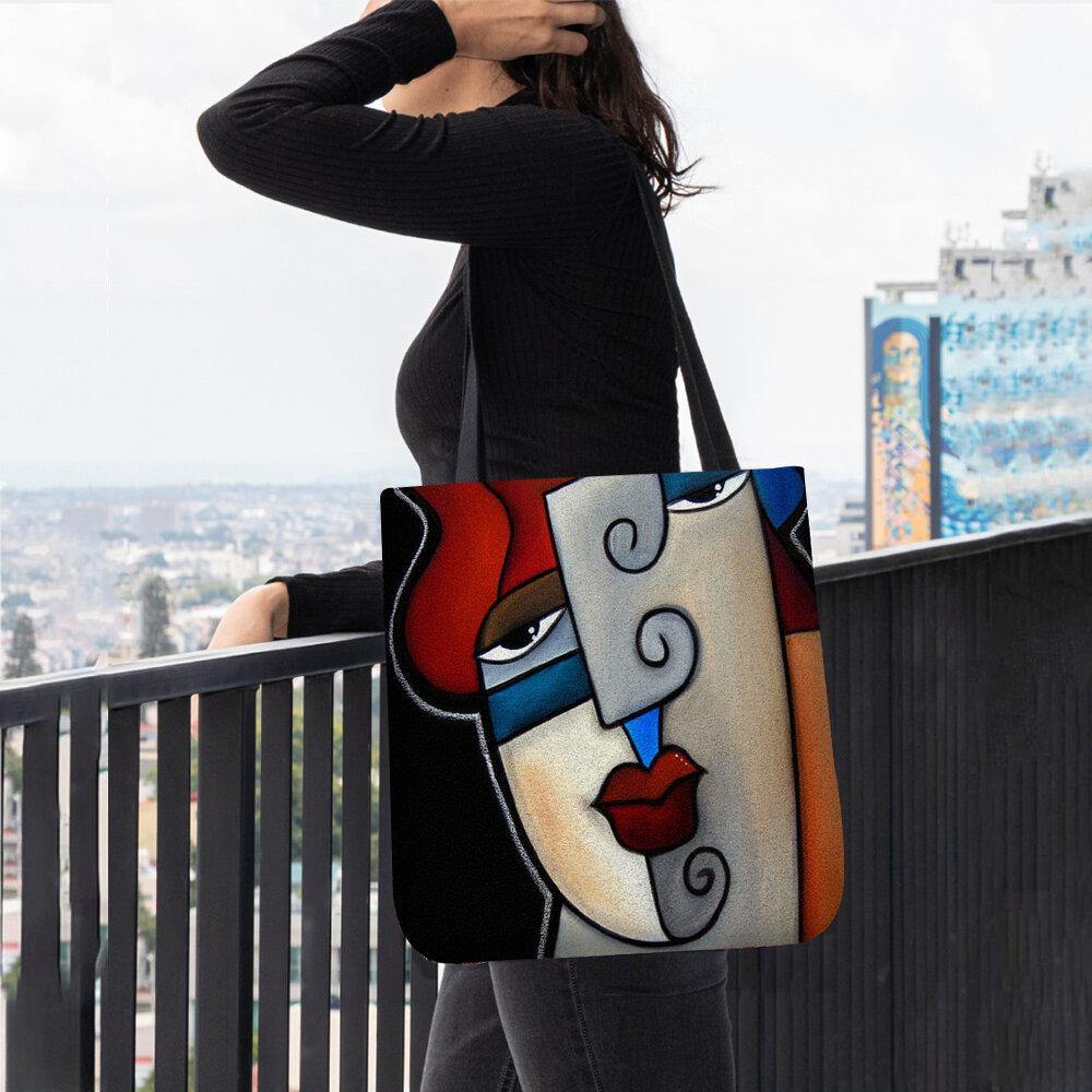 lovevop Women Felt Picasso Style Multicolor Cartoon Figure Print Handbag Shoulder Bag Tote