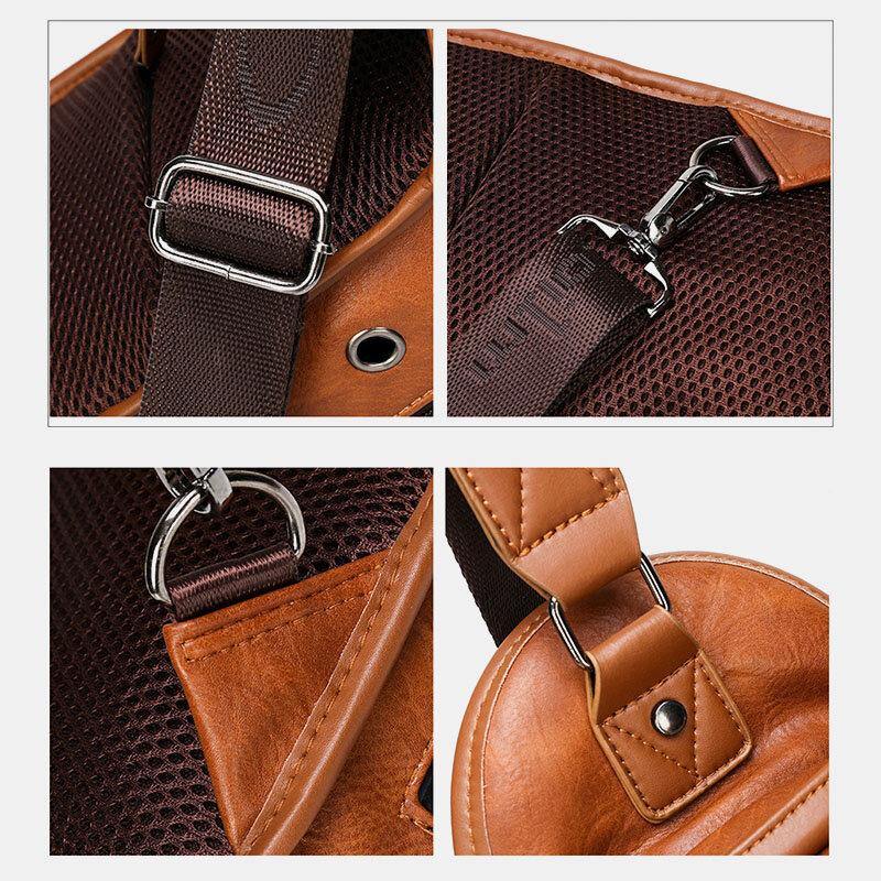 lovevop Men PU Leather Large Capacity Multifunction Headset Hole USB Charging Short Trip Sling Bags Crossbody Bag Chest Bag