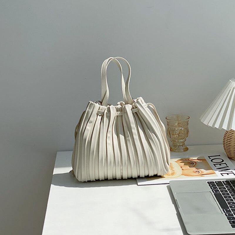 lovevop Women PU Leather Drawstring Stripe Crossbody Bag Shoulder Bag Handbag Ruched Bag
