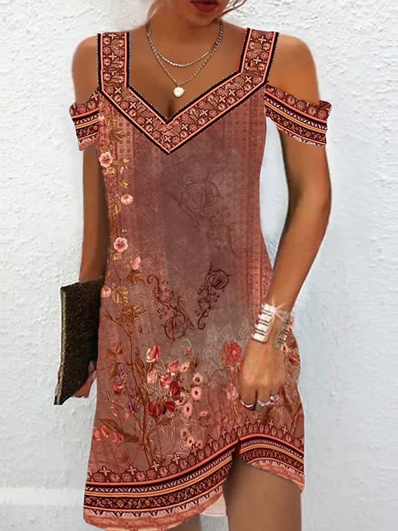 Retro Ethnic Style Printed Casual V-Neck Dress