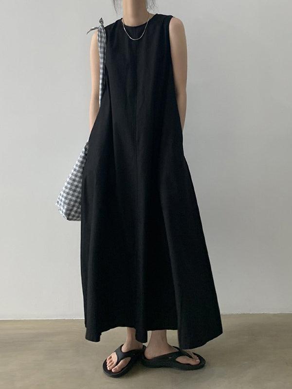 lovevop Chic Simple Solid Color Sleeveless Ramie Cotton Loose Dress
