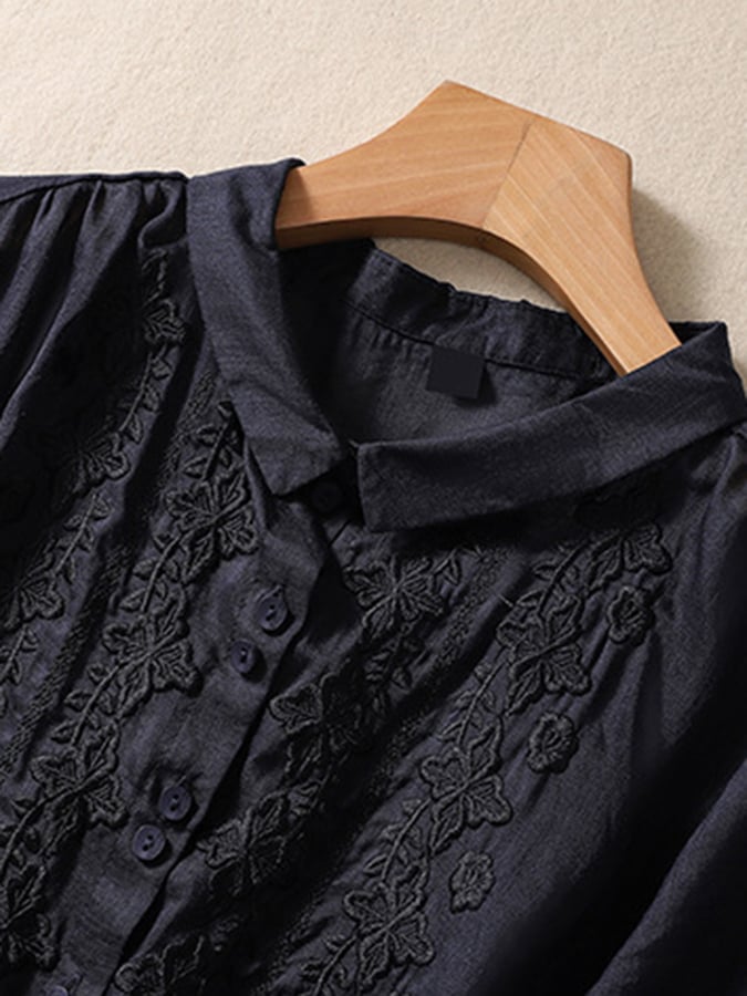 Lovevop Solid Color Lapel Embroidered Casual Top